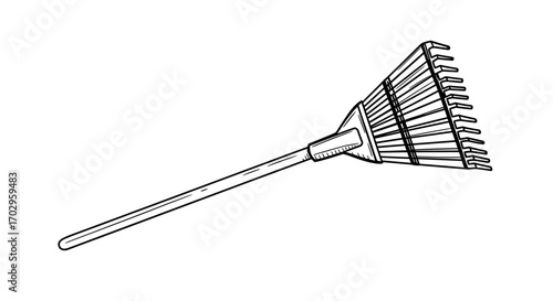 Stylized black and white illustration of a gardening rake on white