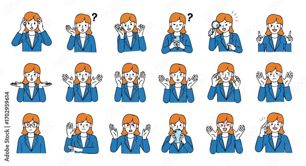 Obraz premium Versatile businesswoman expresses diverse emotions and actions, perfect for modern professional communication.