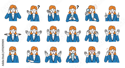 Versatile businesswoman expresses diverse emotions and actions, perfect for modern professional communication.