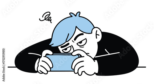 Frustrated person intensely focused on smartphone screen with worried expression, digital distraction