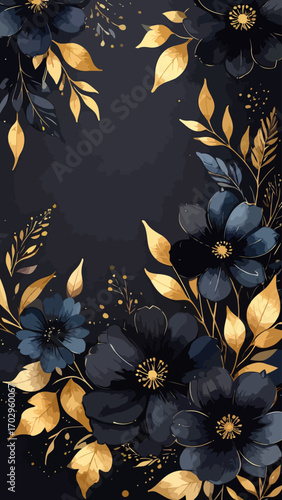 A sophisticated arrangement of black flowers and golden leaves.
