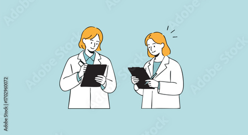 Two scientists collaborating, discussing research findings on clipboards in a clean, modern laboratory setting