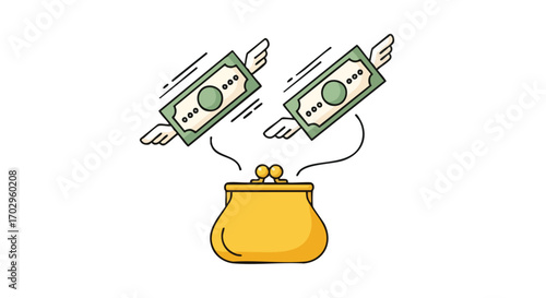 Money flying away from wallet symbolizing loss, spending, or financial problems