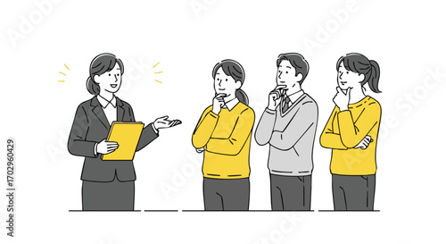 Professional woman presenting to attentive team members in modern business meeting setting