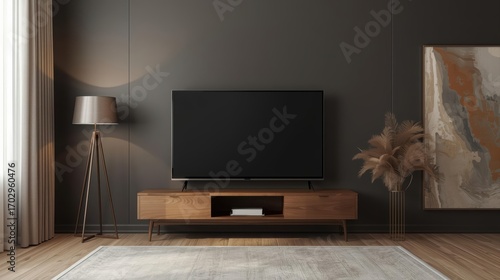 Modern minimalist living room with flat screen television on a wooden TV stand, neutral wall colors, decorative plants, contemporary art, and stylish lamp