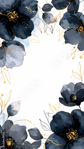 Elegant watercolor floral arrangement featuring dark blue flowers and golden accents.