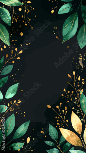 Elegant botanical frame with lush green leaves and golden accents on dark background.