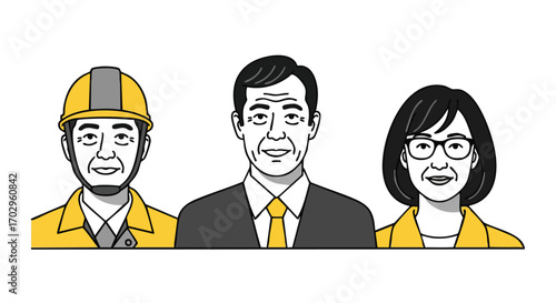 Diverse team of professionals, including a construction worker, businessman, and businesswoman, united for success