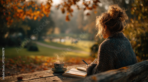 a woman journaling in a peaceful park with a cup of tea