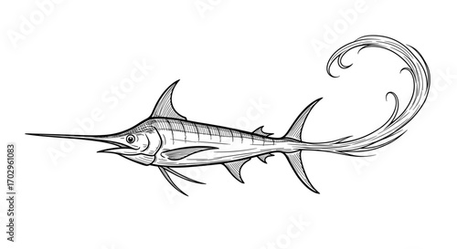 Ornate Swordfish Illustration with Elaborate Decorative Tail on Clean White Backdrop