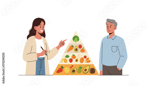 A nutritionist explains the food pyramid to a senior man, emphasizing healthy eating habits and dietary guidelines for a balanced lifestyle and overall well-being.