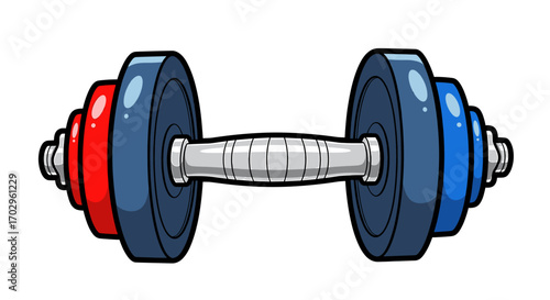 Cartoon Dumbbell with Weight Plates of Different Colors Isolated on White