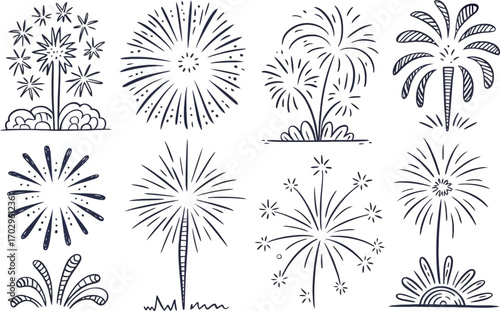 Hand-Drawn Fireworks Collection: Festive Celebration Elements