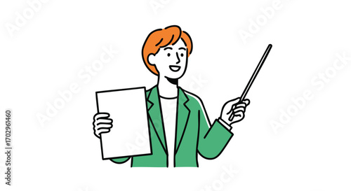 Confident presenter holding document and pointing, ready to explain key insights and drive decisions.