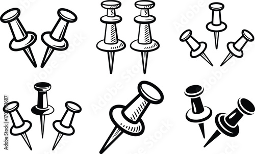 Collection of Hand-Drawn and Solid Push Pin Illustrations