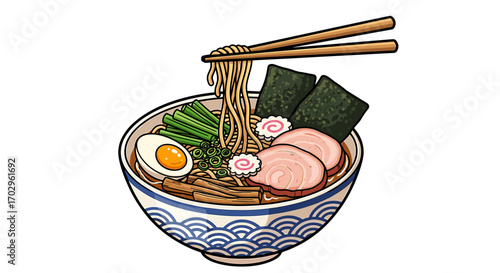 Appetizing bowl of ramen with traditional toppings and chopsticks illustration