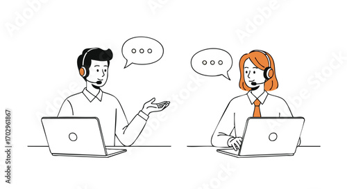 Customer service representatives assisting clients online with headset and laptop, streamlined communication