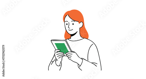 Smiling woman casually uses tablet device, engaging with digital content in simple line art style.