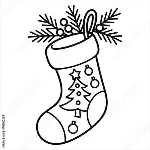 Christmas Stocking with Tree Ornaments Holiday Coloring Page