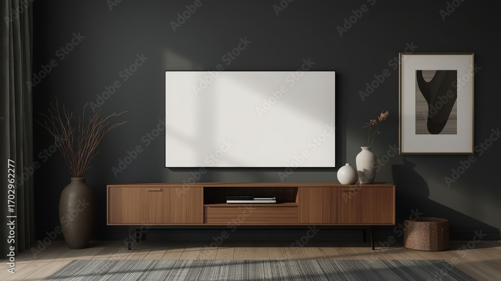 Fototapeta premium Modern minimalistic living room with flat screen television mounted on dark wall, wooden media console, decorative vases, framed artwork, and subtle lighting