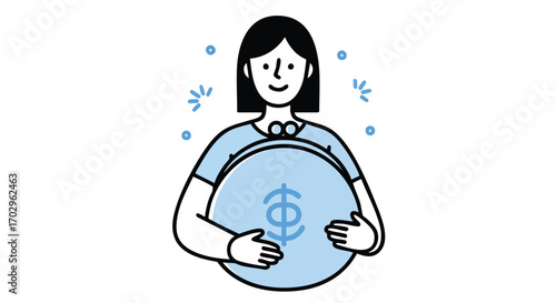 Smiling woman happily holding large coin symbolizing wealth and financial success