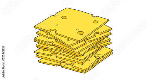 Stack of Cartoon Cheese Slices with Holes on White Background