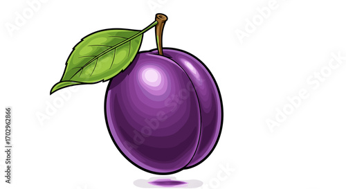 Juicy purple plum with a fresh green leaf illustration.
