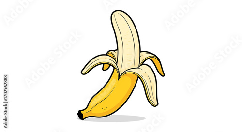 Vibrant cartoon illustration of a peeled banana on white background.