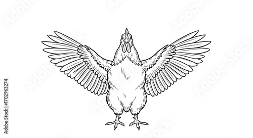 Striking Black and White Chicken Illustration with Open Wings