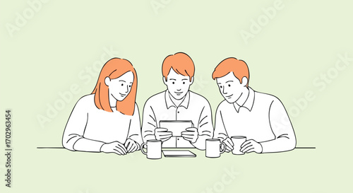 Dynamic team collaborates using tablet over coffee, fostering innovation and strategic planning together