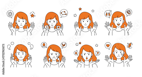 Woman shows diverse emotions and skin concerns, ideal for beauty and health content