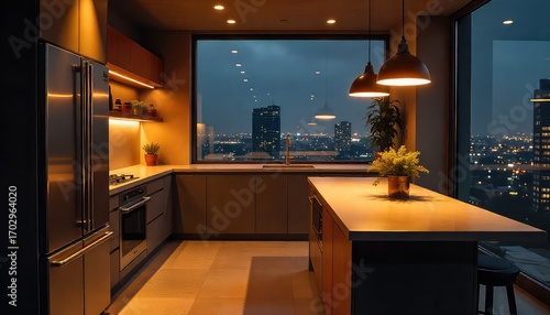 A modern kitchen interior with city view at night featuring island and stainless steel refrigerator
