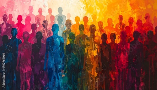 Multitude of Painted Figures in Vibrant Colors Depicting Unity