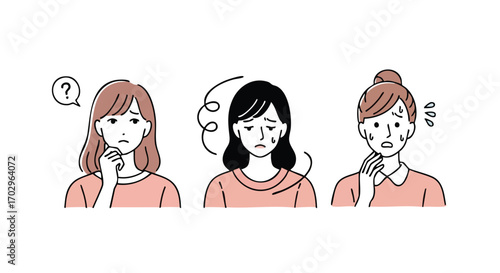 Worried women expressing confusion, stress, and concern in simple line art style