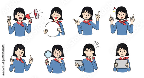 Empower your projects with a versatile businesswoman illustrating ideas, announcing news, and solving problems with confidence.
