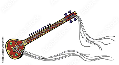 Detailed sitar illustration with flowing strings and unique decorations on white