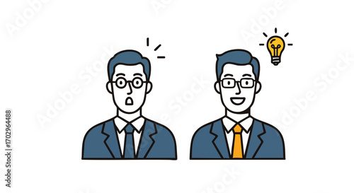 From confused to enlightened businessman finding a brilliant solution with a bright idea illustration