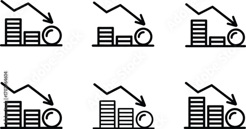 Downward Trend Icons: Falling Stock Market and Coin Stacks