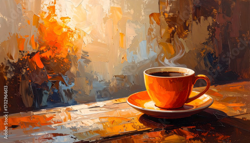 Steaming cup of black coffee on a saucer, painted in vibrant warm colors with textured brush strokes creating a cozy abstract scene.