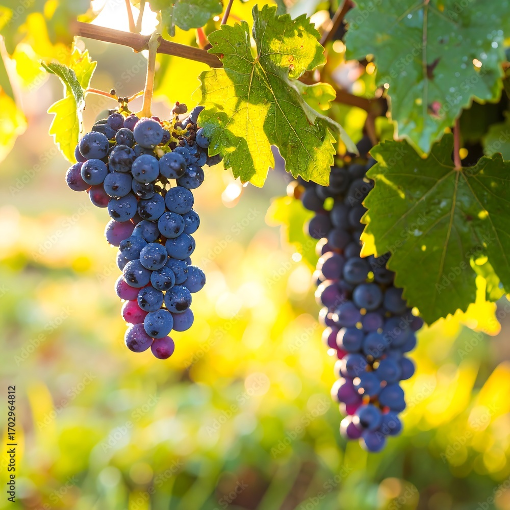 Naklejka premium Close-up of clusters of ripe dark purple grapes hanging from vines in sunlight