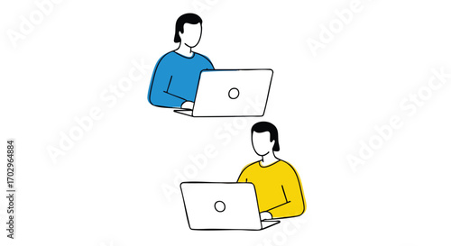Remote team members collaborating online, using laptops for communication and productivity boost