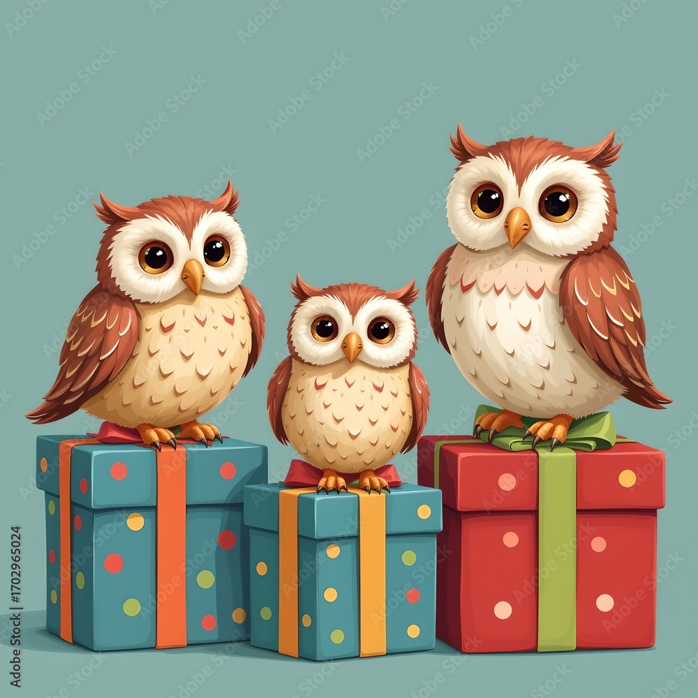 Fototapeta premium Three adorable owls perched on top of colorful gift boxes. These cute creatures exude charm and are ready for a special celebration
