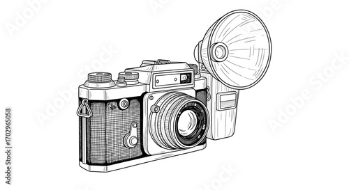 Vintage camera with flash sketch on white background.
