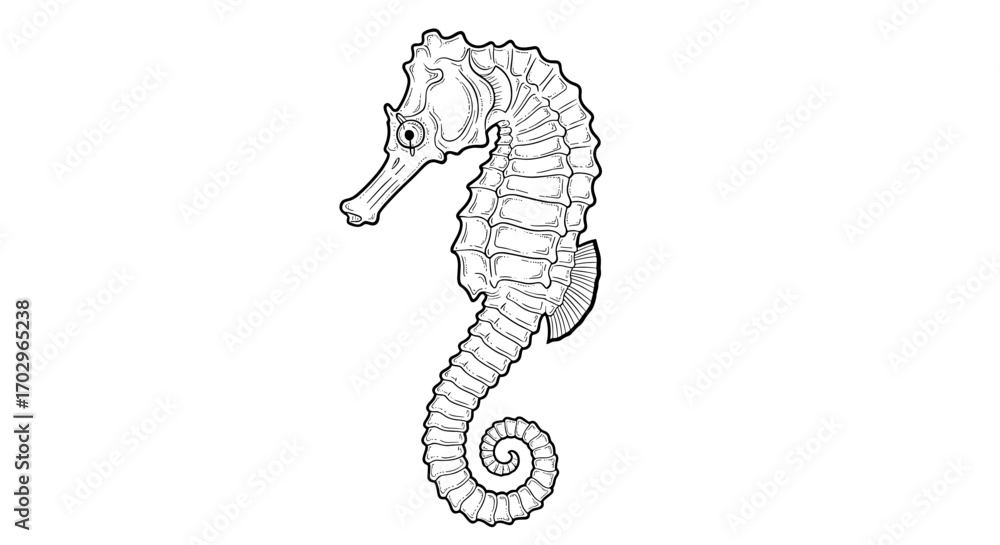 Fototapeta premium Elegant seahorse drawing with spiral tail in black and white