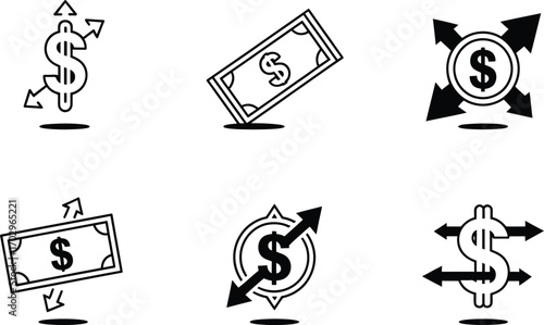 Money Icons: Dollar Sign and Bills with Arrows
