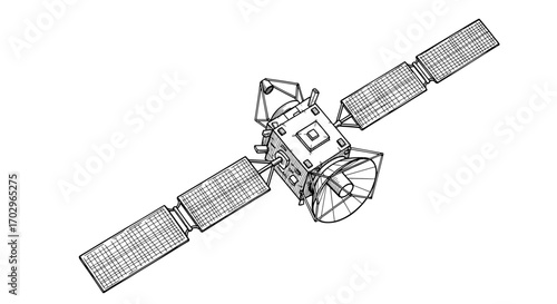 Intricate line drawing depicts a detailed satellite orbiting in space.