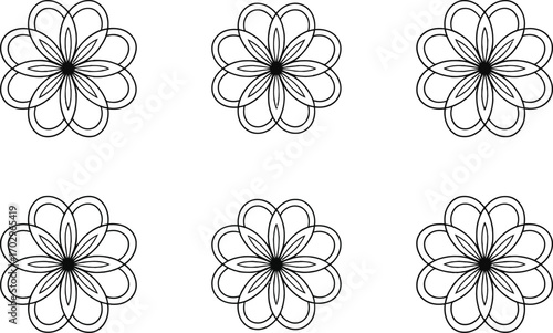 Six identical black and white floral geometric patterns on white background