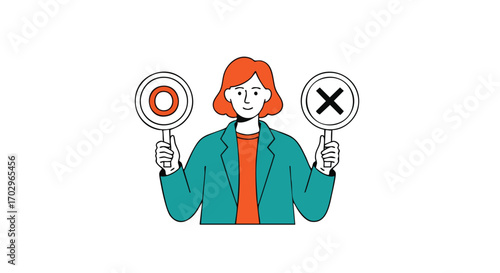 Woman holding yes and no signs, making important decisions for business success and choices
