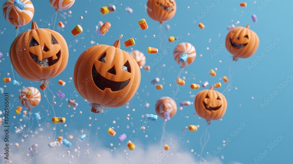 Obraz premium Floating pumpkin balloons dropping candy, 3D illustration.