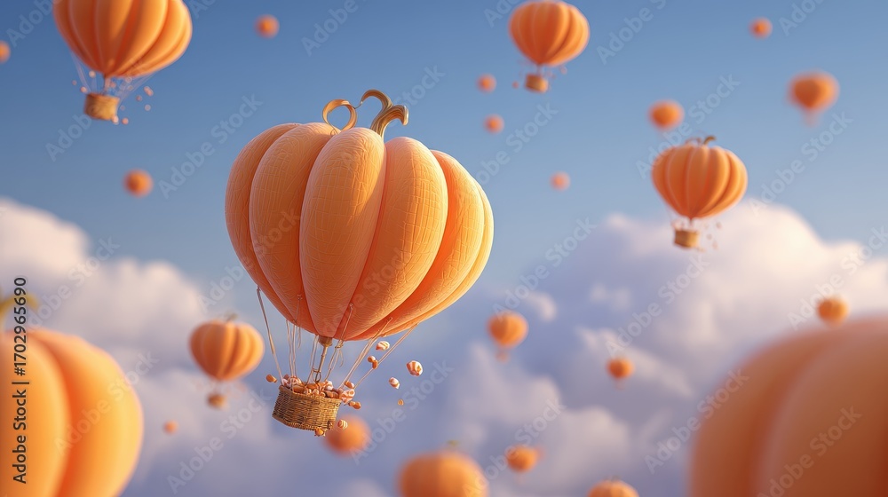 Fototapeta premium Floating pumpkin balloons dropping candy, 3D illustration.
